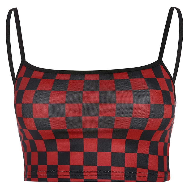 Rapwriter сексуальная стрейч Шахматная Печать Ремни Camisole Feminina Летняя мода Фитнес уличная Bodycon Тонкий укороченный топ - Цвет: Red Camis