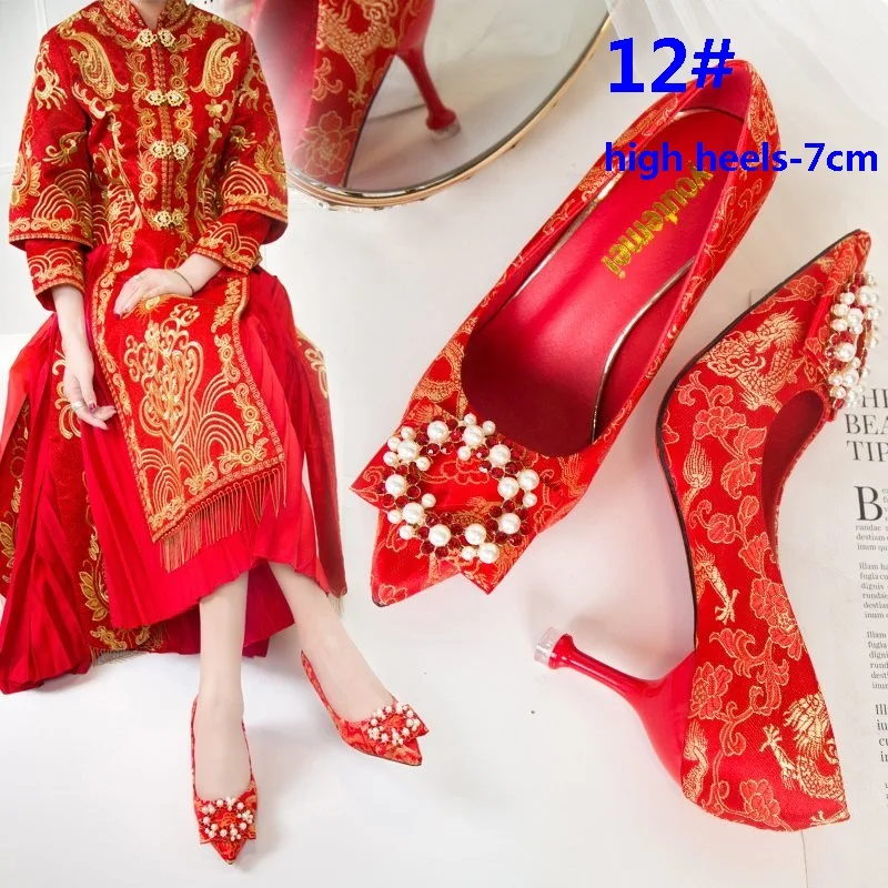 

Women Wedding Shoes Chinese Style Bridal High Heels Sexy Elegant Pumps Pointed Toe Stiletto Ladies Party Shoe Bridesmaid Shoe 43