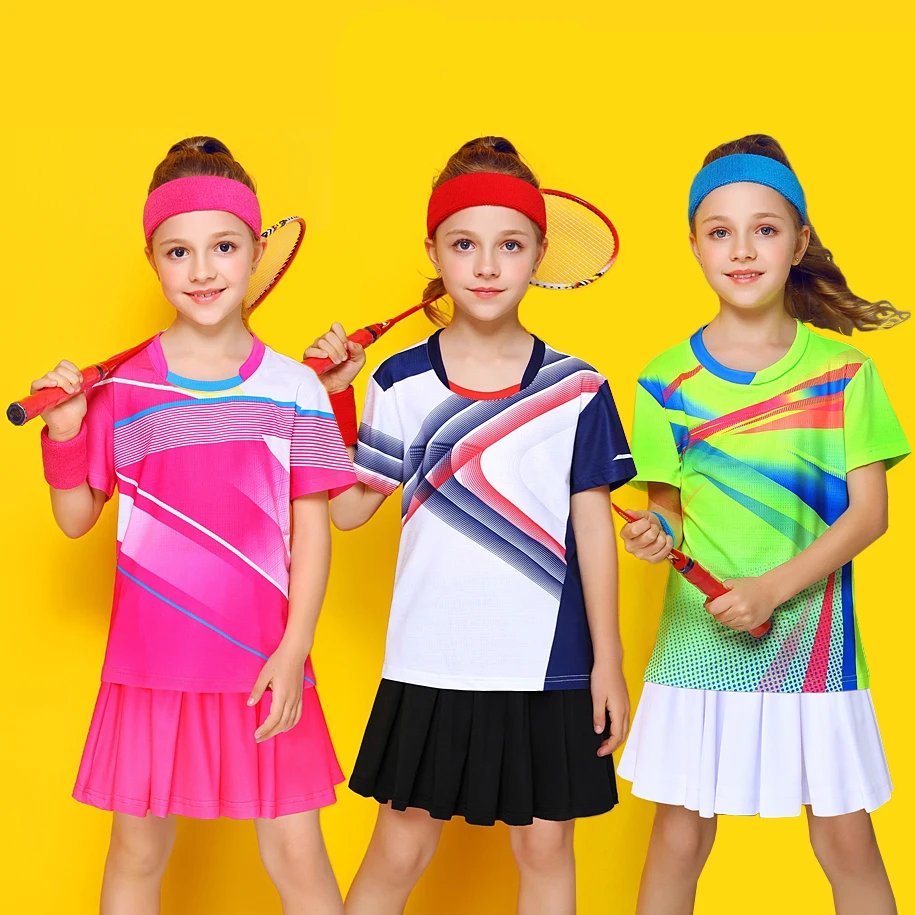 New sports Girls Badminton Short Sleeve Suits Tennis Shirt Skirt Built-in Shorts Kids Ping Pong kits Children Volleyball jerseys