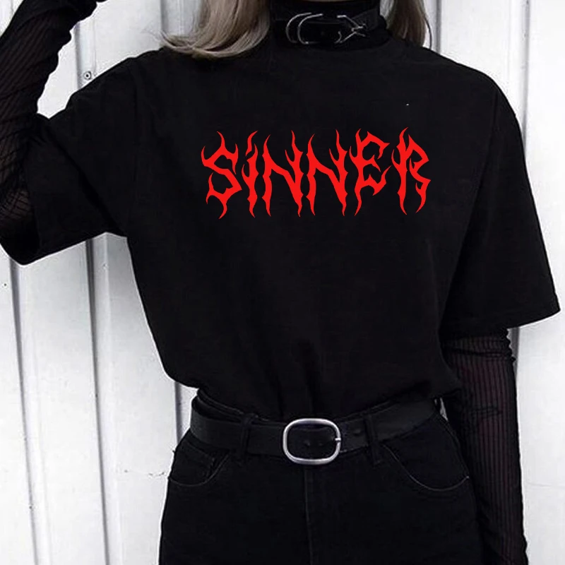 

Женская хипстерская Футболка Harajuku с надписью топ в готическом стиле Sinner, свободная повседневная крутая женская футболка в уличном стиле