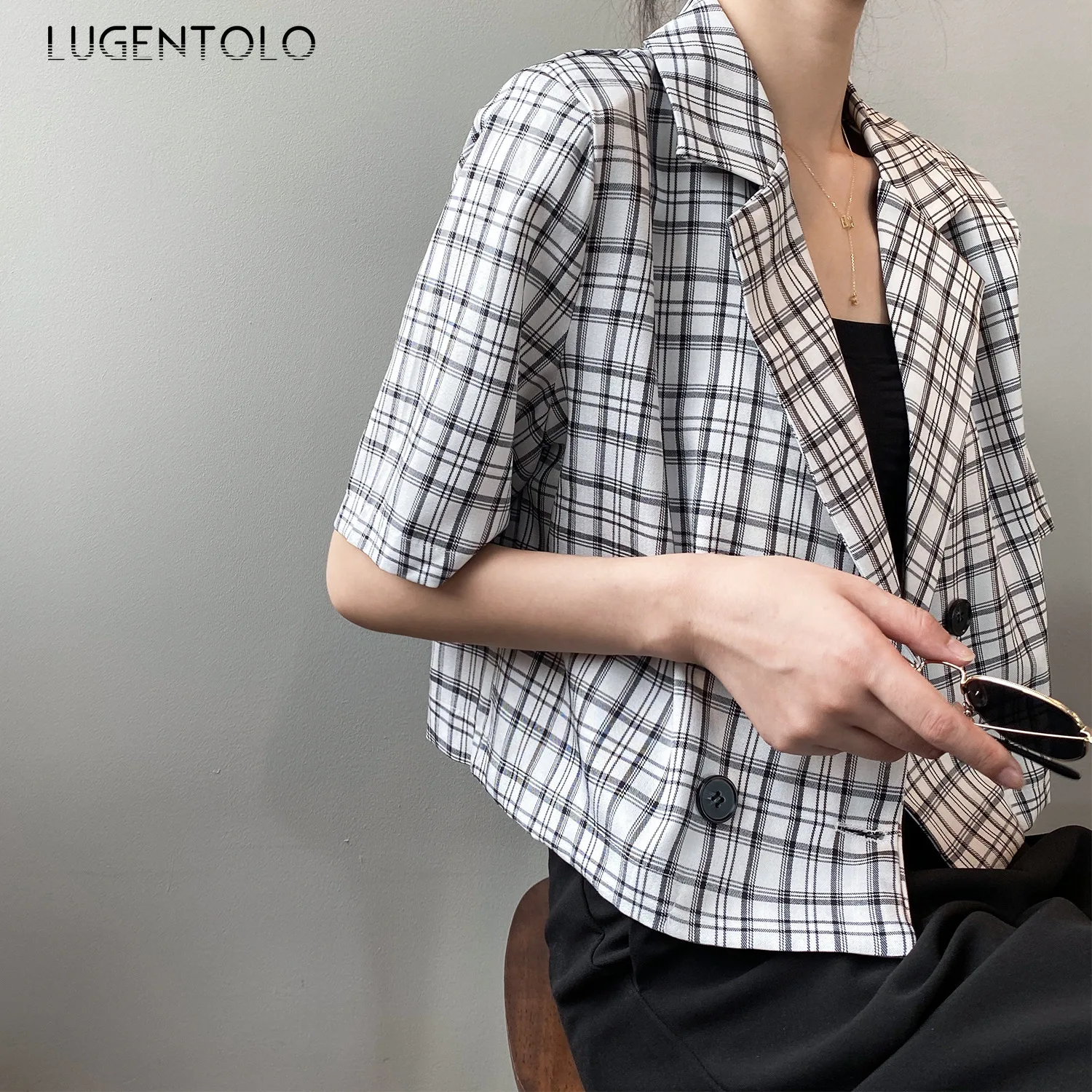 

Lugentolo Autumn Classic Women Blazer Lapel Plaid New Korean-Style Retro Short Suit Loose Coat Chic Female All-match Blazers