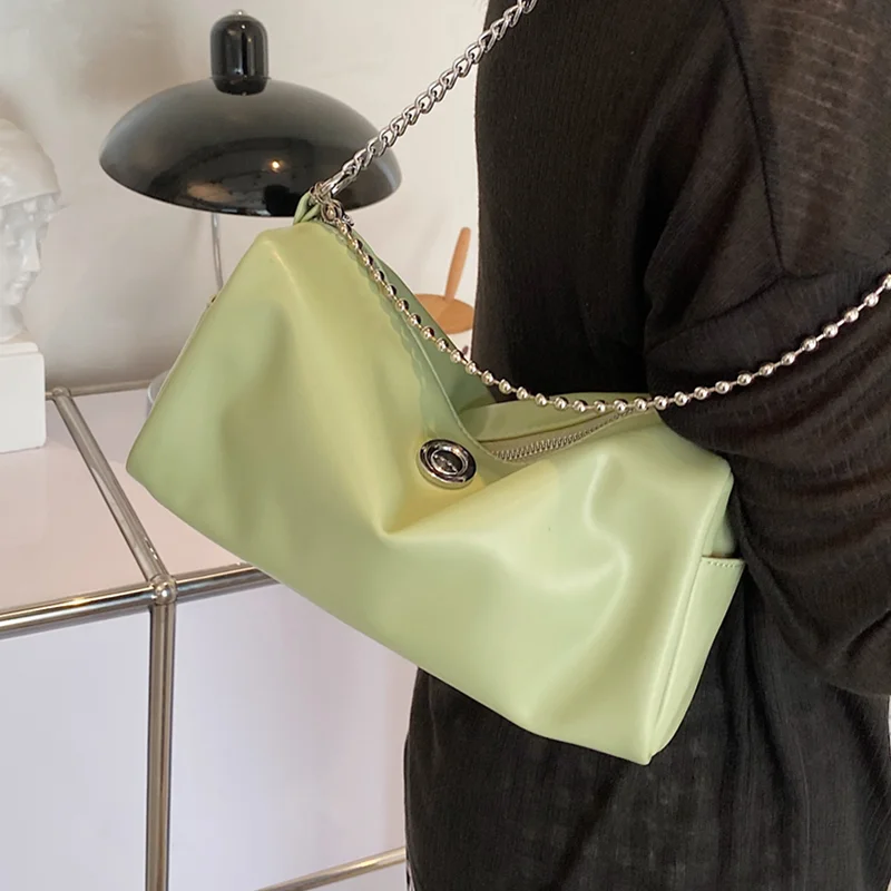 

New Chain Shoulder Pillow Bags for Women Small Solid Color Boston Messenger Handbag Ladies Green Broadband Leather Crossbody Bag