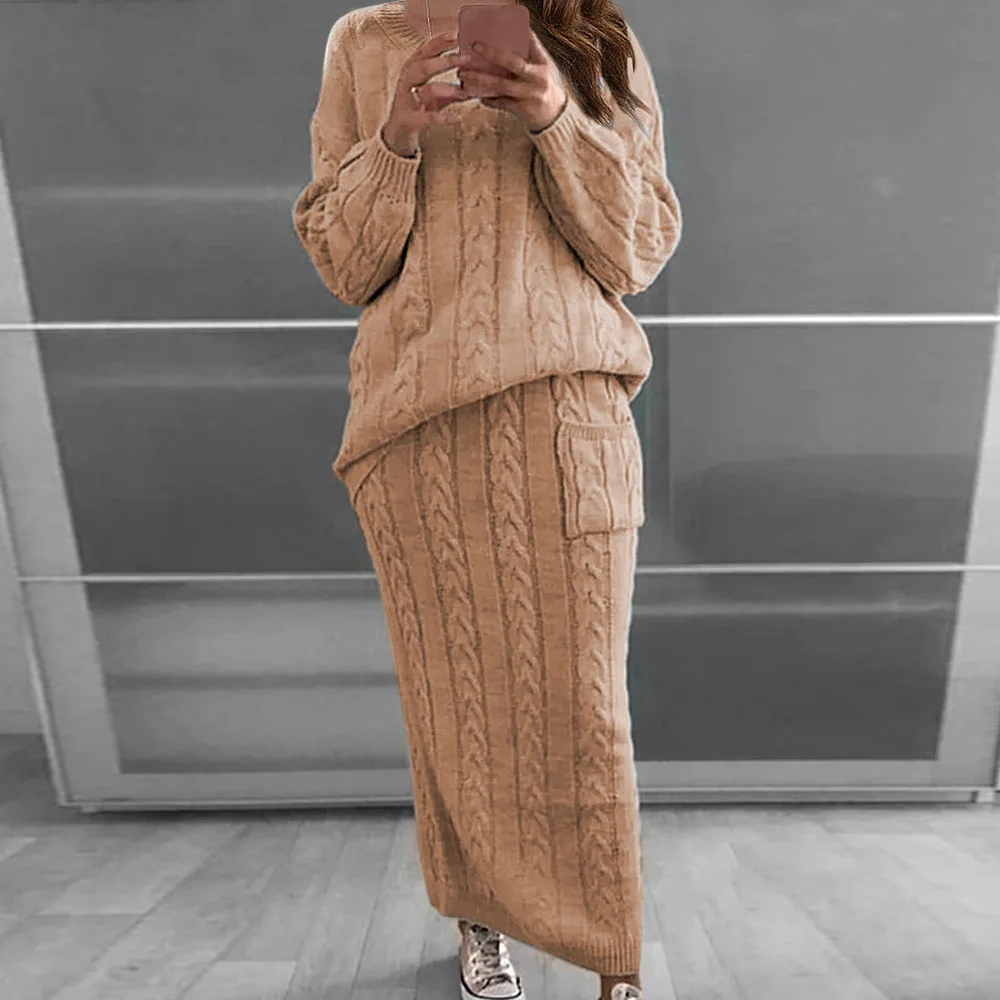 

Women Knitted Set Long Sleeve Pullover Sweater+Strap Dress Sets Solid Knit 2 Piece Set Ladies Casual Knitted Suit