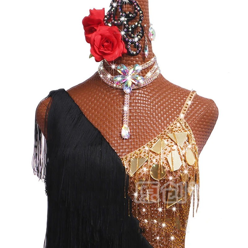 Женское платье для латиноамериканских танцев Золотое Платье с зеркальным