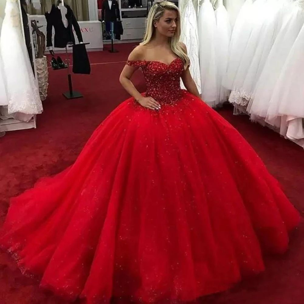 

Vintage Red Quinceanera Dresses Princess Sparkly Sequins Ball Gown Off Shoulder Long Puffy Tulle Prom Party Gowns