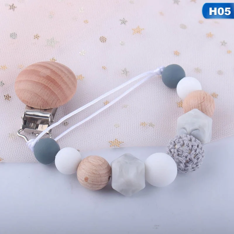 H05 Прищепка для соски цепь деревянный держатель крепления для укачивания, успокаивающего приспособления силиконовые бусины соска анти-падение держатель младенческий Душ подарок - Цвет: H05