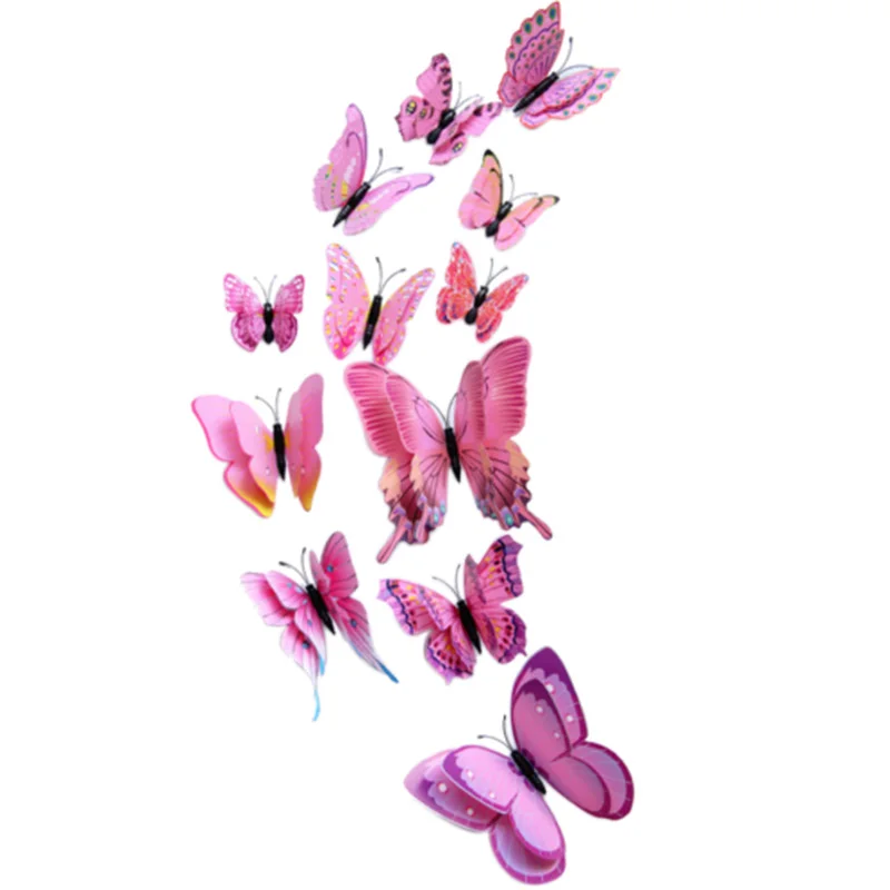 12PCs 3D Butterfly Wall Stickers Pink Vivid Decoration Kid's Room Decor Stereoscopic Bedroom | Дом и сад