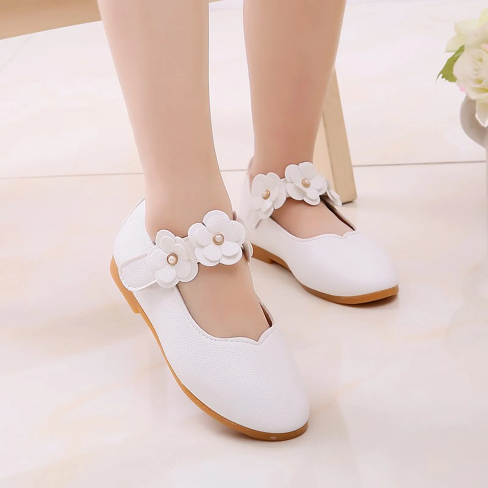 

Children Baby Kids Girls Shoes Non-Slip Sandals Girls Leather Solid Flower Student Single Soft Dance Princess Sh