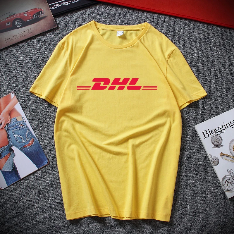 Лето 100% хлопок DHL футболки с буквенным принтом логотипа желтый короткий рукав