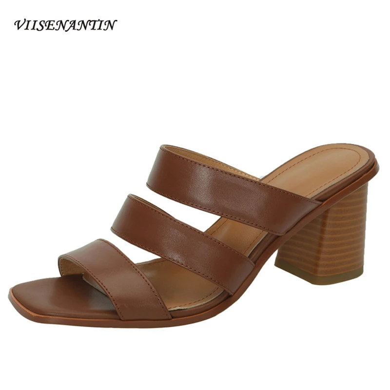 

2021 retro thick heel sandals female summer new style cowhide square toe open toe Roman high heel sandals slippers outer wear