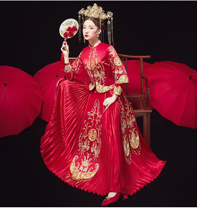 

Китайское традиционное классическое свадебное платье в восточном стиле с золотой вышивкой, одежда Cheongsam China Qipao, китайское свадебное платье