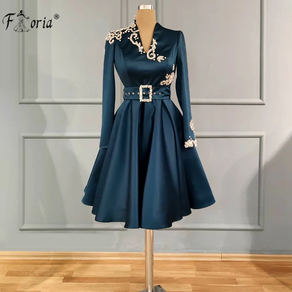 

Elegant Muslim Short Evening Dresses With Sash 2021 Dubai Arabic Satin V-Neck Long Sleeve Women Formal Dress robe de soiree
