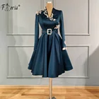 Женское короткое вечернее платье, элегантное мусульманское атласное платье с поясом и V-образным вырезом, с длинным рукавом, 2021