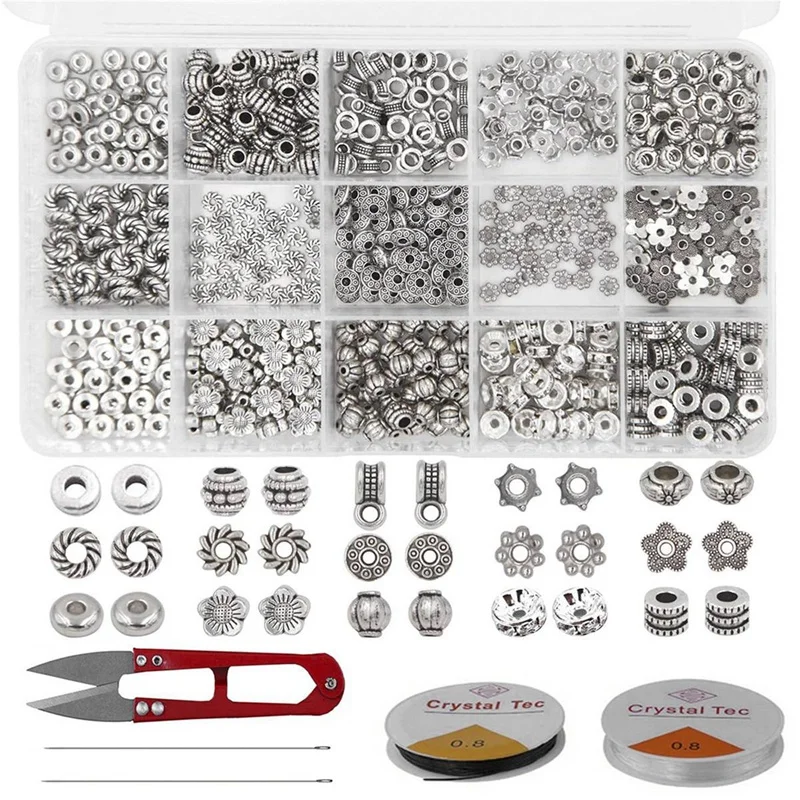 

Jewelry Making Kit, 600 Pcs 15 Style Tibetan Spacer Beads with 2 Crystal Cable 1 Scissor for DIY Jewelry Craft Making