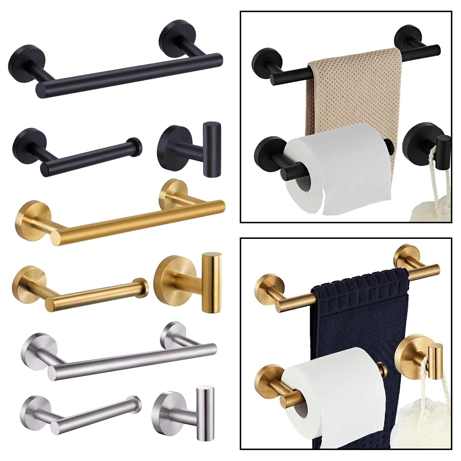 

3x Stainless Steel Hotel Brushed Robe Hook Toilet Paper Holder Storage Shelf 12" Hand Towel Bar Accessories Set