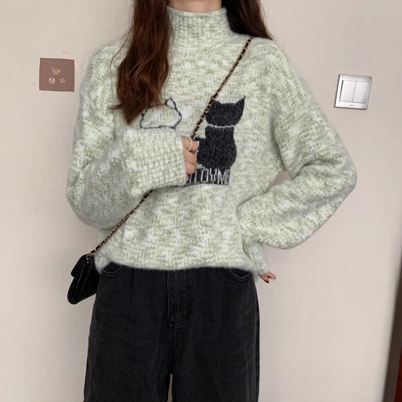 

New Autumn Winter Cute Cat Printing Turtleneck Pullover Sweater Women Loose Long Sleeve Knitting Sweater Female Top