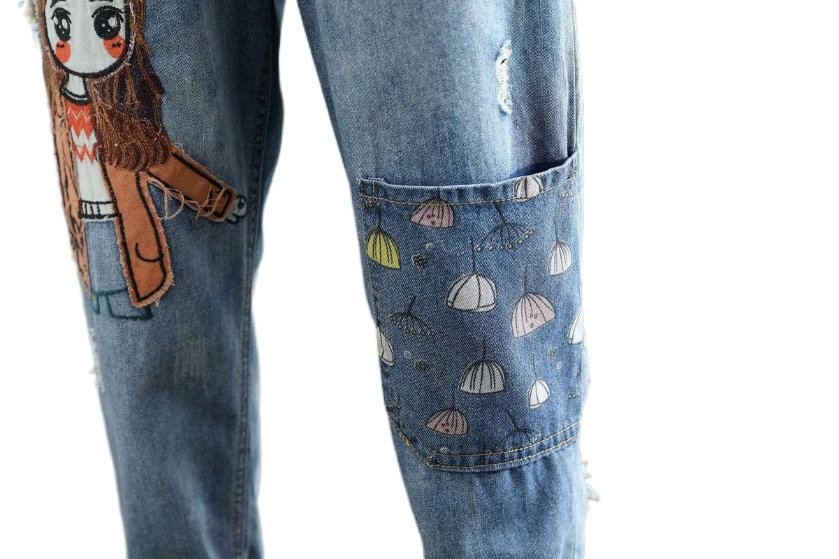 

Cute Girl Embroidery Ankle Vintage Blue Jeans Women's Elastic Waist Slim Harem Denim Pants