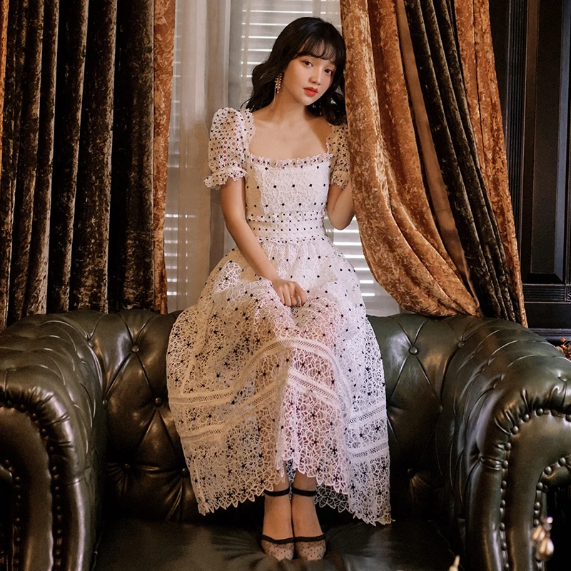 

YAMDI elegant short sleeve party embroidery a-line dresses women boho runway vintage sexy summer lace 2020 dress polka dot robe