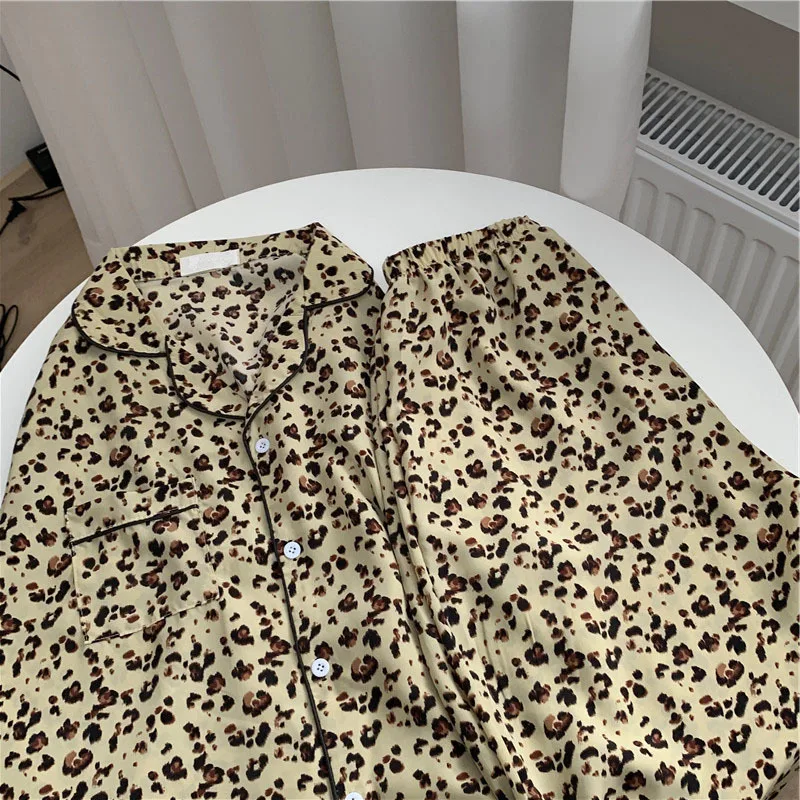 

Pajama Set Women Leopard Print Long Sleeve Cardigan Home Wear Black Khaki 2021 Early Spring New