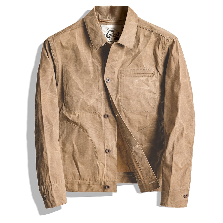 

Maden Retro Khaki Jacket Male Size M To XXL Waxed Canvas Cotton Jackets Military Uniform Light Casual Work Coats Man Clothing