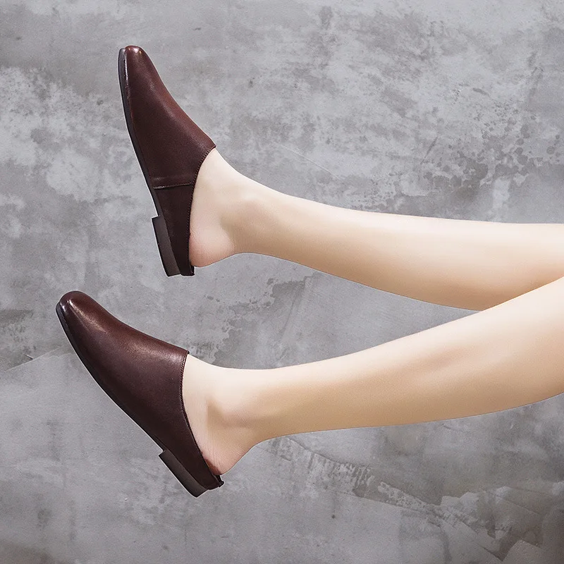 

Women Mules Leather Summer Slippers for Women Shoes Low Heels Soft Genuine Leather Women Handmade Ladies Shoes Black Lazy Shoes