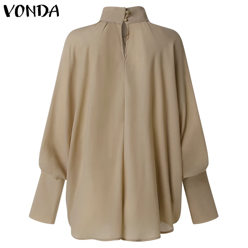 Новинка VONDA, женские блузки,, Осенние сексуальные Блузы с длинным рукавом-фонариком, рубашки с высоким воротом, элегантные пуговицы, повседневные свободные топы размера плюс