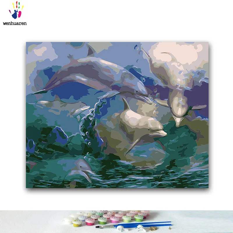 DIY окраска по номерам пять дельфинов играть в море картины с комплекты 40x50