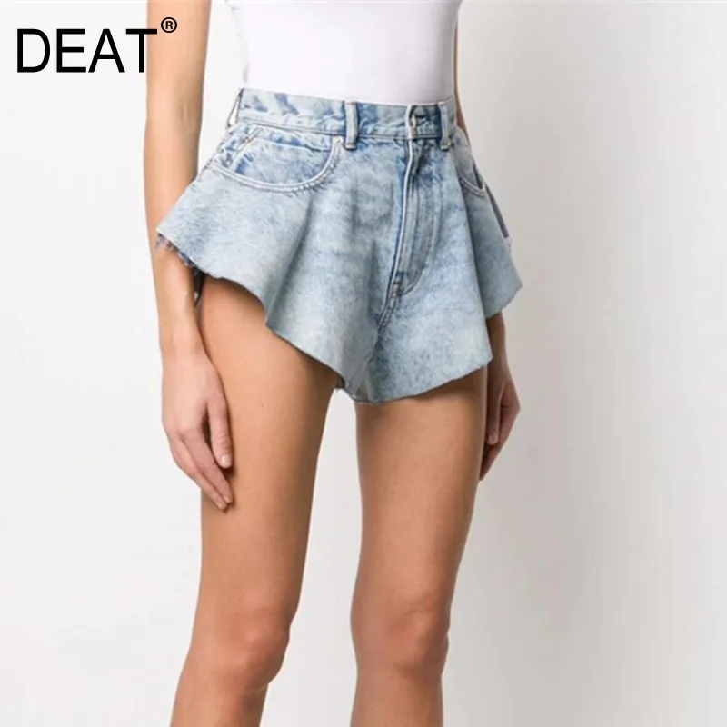 

DEAT 2021 new summer fashion mesh clothing light blue denim washed pockets zippers shorts female bottoms WL38605L