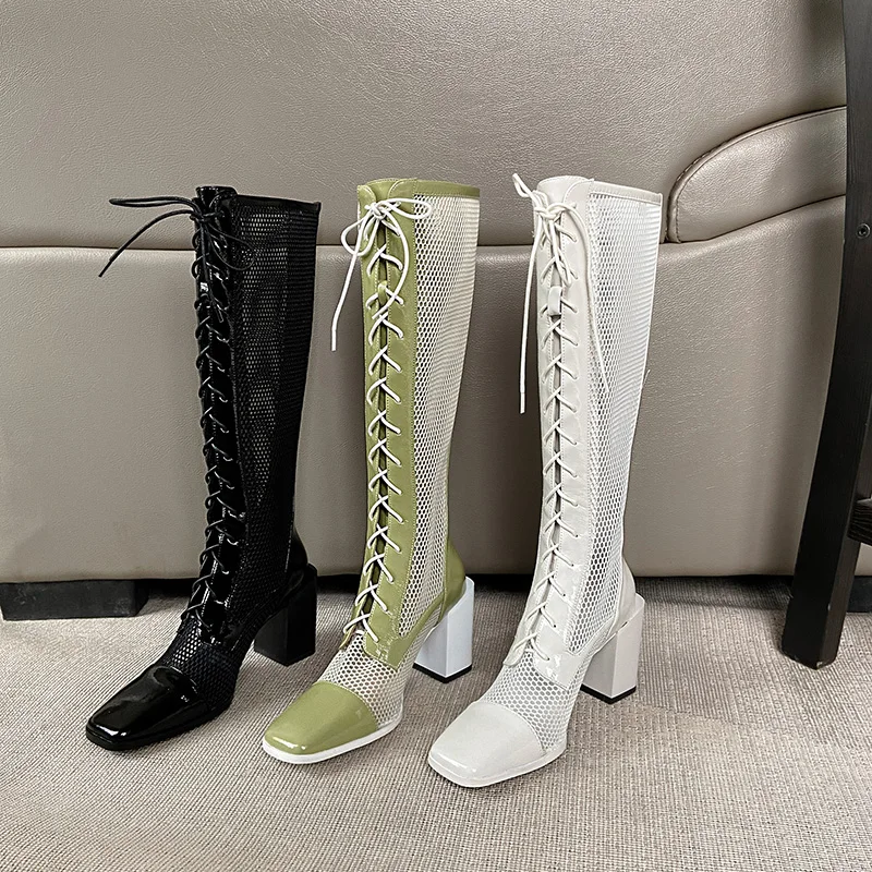 

Square Toe Knee High Boots For Women Genuine Leather Chunky high Heels Pumps For Women 2021 Platform Night Club Summer Boots