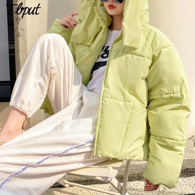 

Женское зимнее пальто с воротником-стойкой, однотонное плотное теплое хлопковое пальто с капюшоном, женские парки с длинным рукавом, свобод...