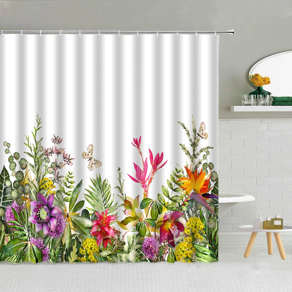 

Flowers Watercolor Shower Curtain Flora Green Leaf Butterfly Bathroom Supplies Home Decor Polyester Fabric Curtains Washable Set