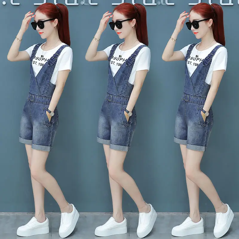 

Strap Wide-leg Denim Shorts Women's 2021 Summer New Korean Short-sleeved T-shirt + Jumpsuit Two-piece Suit