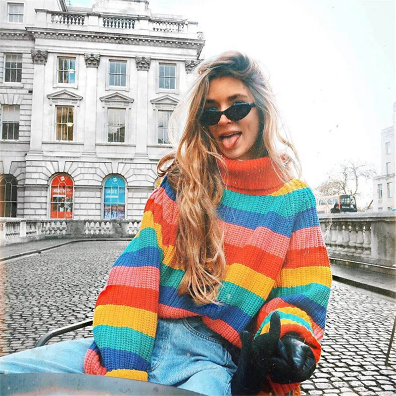 Rainbow Stripe Turtleneck Sweater Women Pullovers 2019 Autumn Winter Warm Knitted Jumpers Loose Oversized Colorful Sweaters | Женская