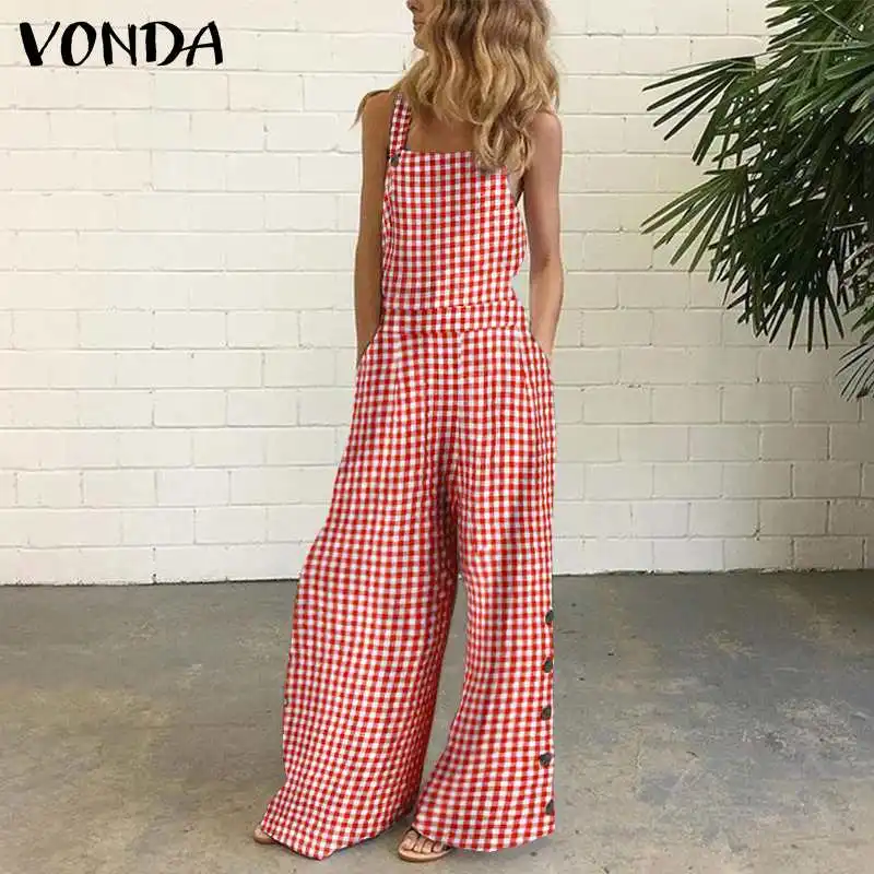 

VONDA Women Sexy Sleeveless Jumpsuits Loose Rompers Wide Leg Full Length Women Checked Plaid Suspenders Playsuits Casual Overall