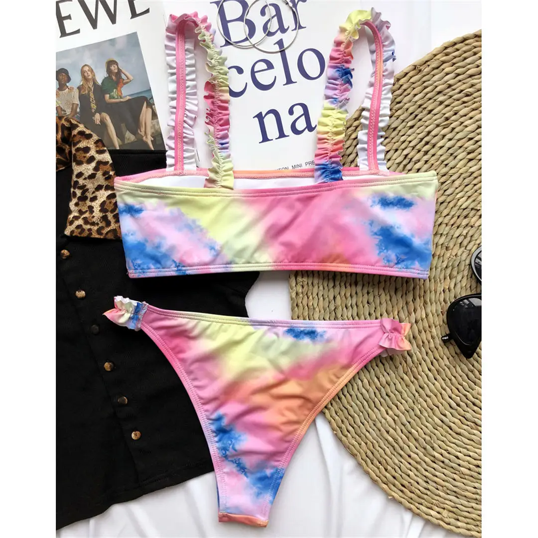 

New Sexy Ruffled Frilled Tie Dye Bikini Women Swimwear Female Swimsuit Two-piece Bandeau Bikini set Bather Bathing Suit SwimSuit