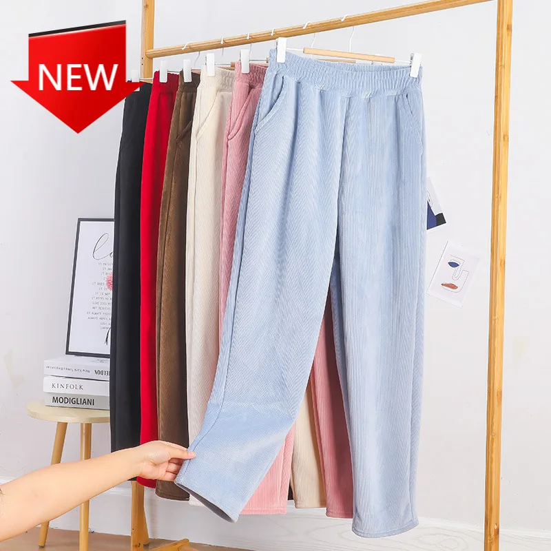 

Winter 2021 Casual Solid Fleece Inside Elastic Waist Harem Ankle-Length Pants Warm Trousers Women Corduroy Thick Pants Autumn