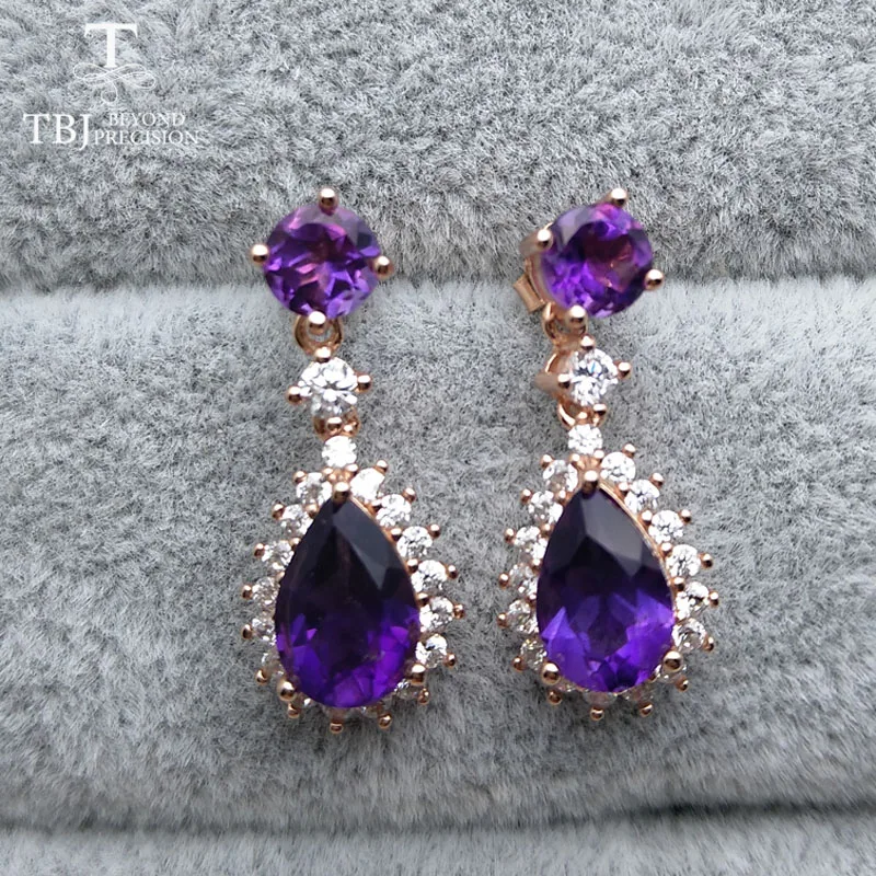 TBJ, 925 пробы, серебряные ювелирные серьги-капли, 3 карата, натуральный аметист, драгоценный камень, роскошные серьги для женщин с подарочной коробкой