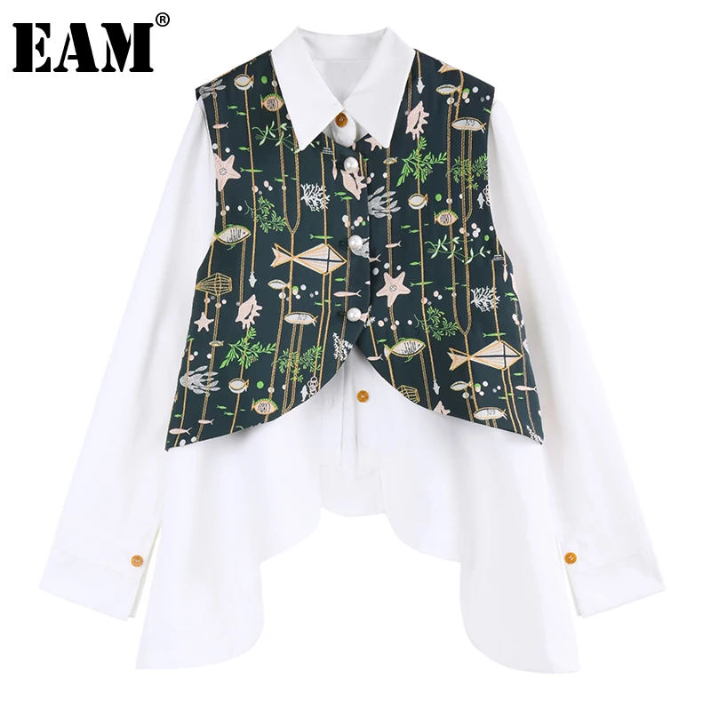 

[EAM] Women White Green Big Size Ruffles Print Blouse New Lapel Long Sleeve Loose Fit Shirt Fashion Spring Autumn 2022 1DD6666