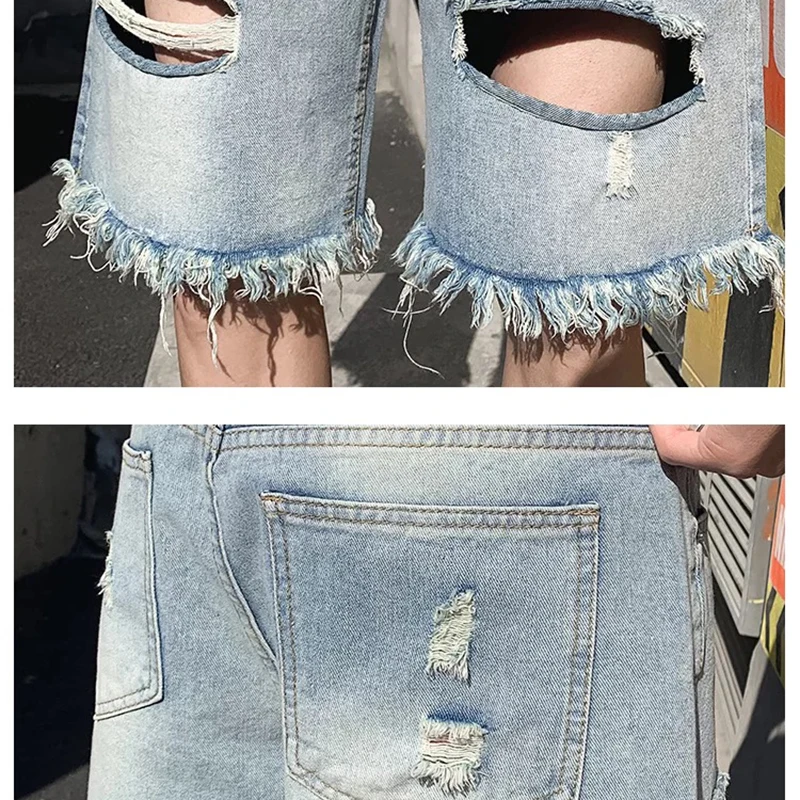 

Summer new hole denim shorts men's fashion hip hop pants casual five straight pants