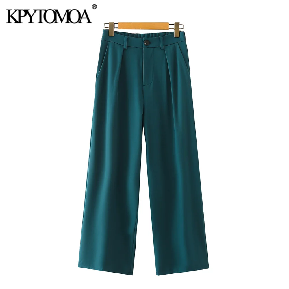 

KPYTOMOA Women 2021 Fashion Side Pockets Office Wear Wide Leg Pants Vintage High Waist Zipper Fly Female Trousers Mujer