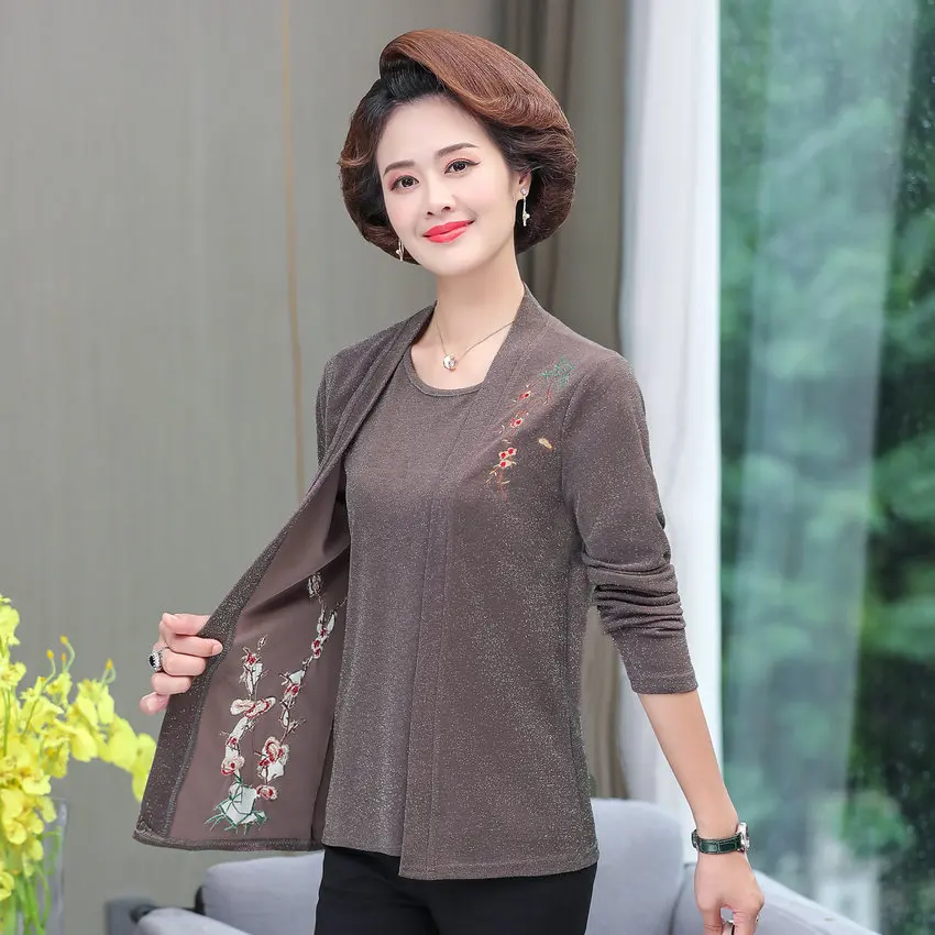 

Red Navy Blue Coffee Flower Embroidery 2PCS Blouses Middle Aged Women Spring Autumn Long Sleeve Glitter Yarn Two Pieces Top 5XL