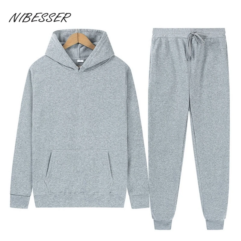 

Tracksuit Men Fashion Hoodies Men Suits Solid Sets Men Sweatshirts+Sweatpants Spring Autumn Fleece Hooded Pullover 2 Pieces Set