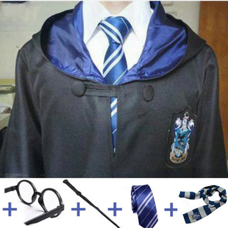 Ravenclaw 5pcs set Костюм из Поттера, одежда, галстук, шарф, палочка, очки, шляпа Ravenclaw Gryffindor Hufflepuff Slytherin Potter, косплей, халат, плащ E2103AD - Цвет: Ravenclaw 5pcs set