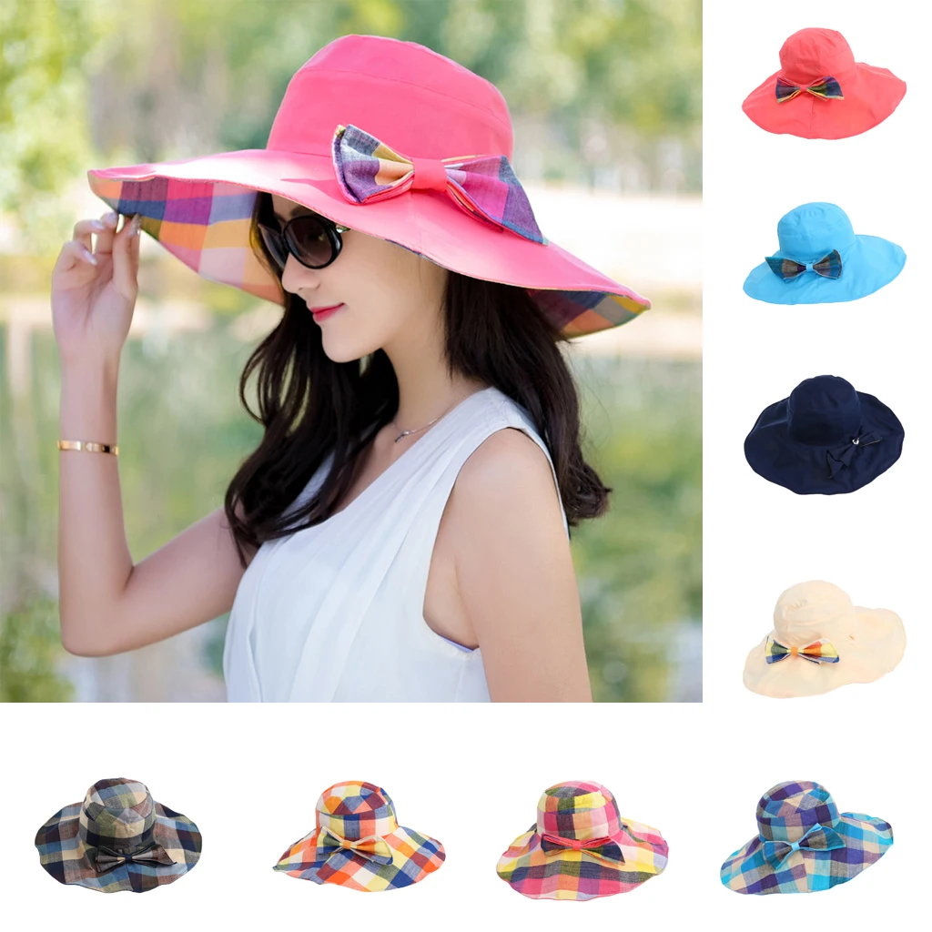 

Large Brim Floppy Foldable Roll up Plaid Style Beach Sun Hat for Women Lady