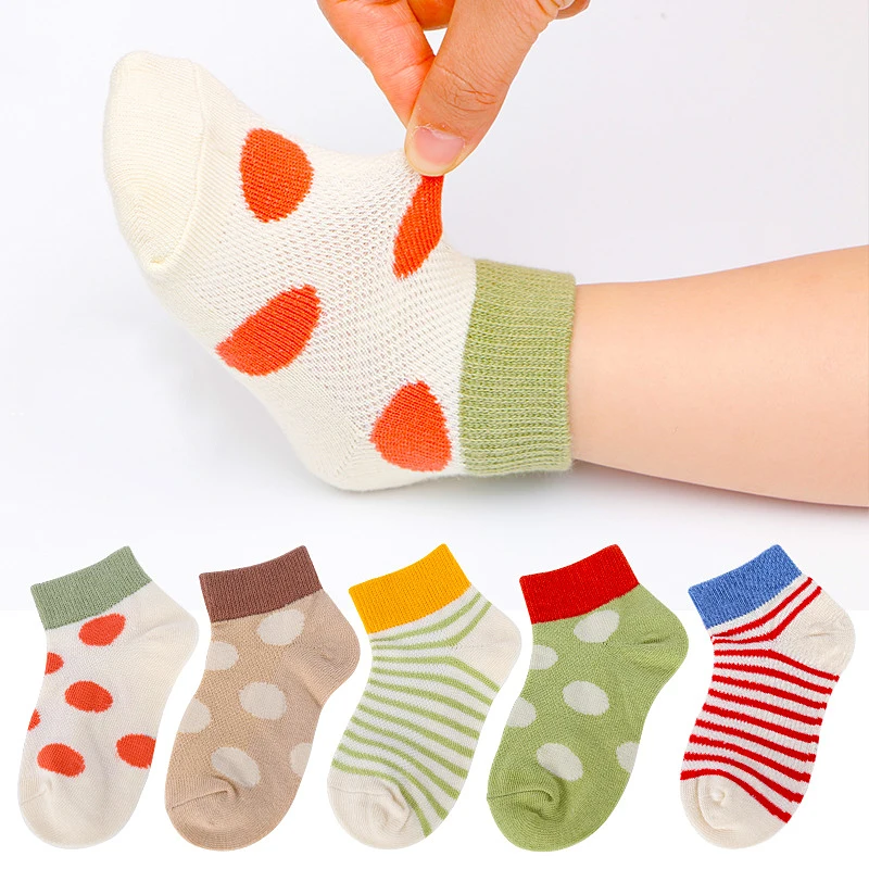 

5 Pairs/Lot Children Cotton Socks Summer Mesh Breathable Thin Baby Socks For Girls Boys Dot Stripe Short Sock 1-12 Years