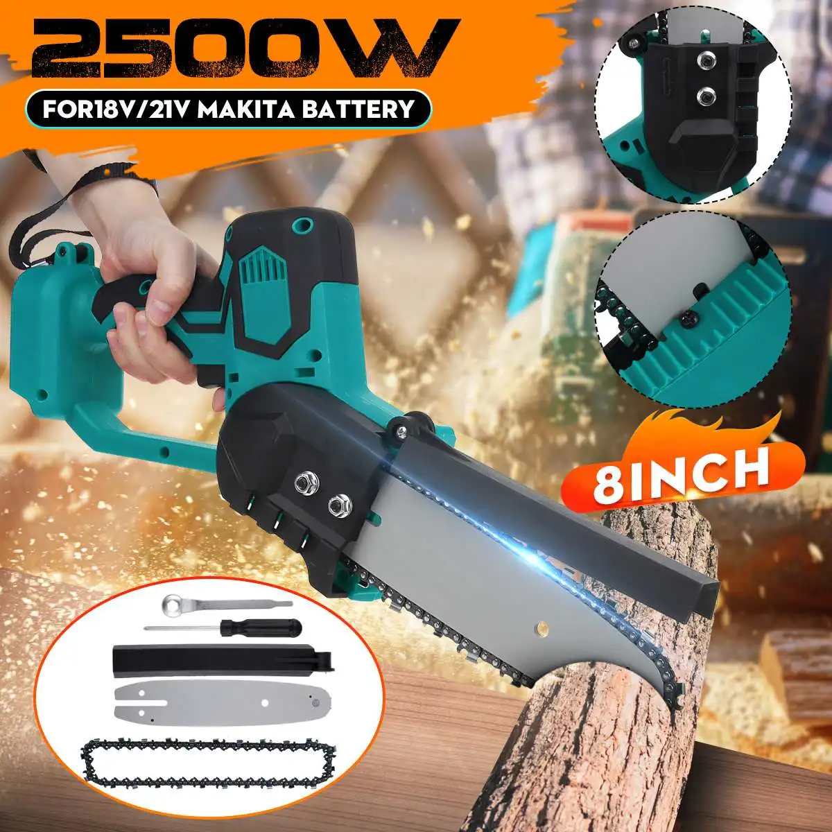 

2500W 8 Inch Mini Electric Chain Saw Woodworking Cutter Pruning Chainsaw Garden Logging Saw Power Tool for Makita 18V Battery