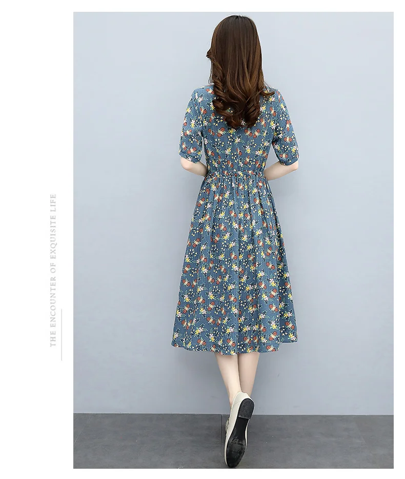 

Chiffon Loose Plus Size Women's Dress New Fashion Casual Short Sleeve Dresses Mid-length Summer Floral O-neck Houthion
