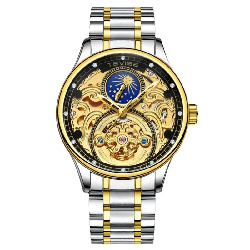 TEVISE часы Moon phase полые tourbillon автоматические механические наручные часы из нержавеющей стали мужские часы браслет часы - Цвет: Color 02