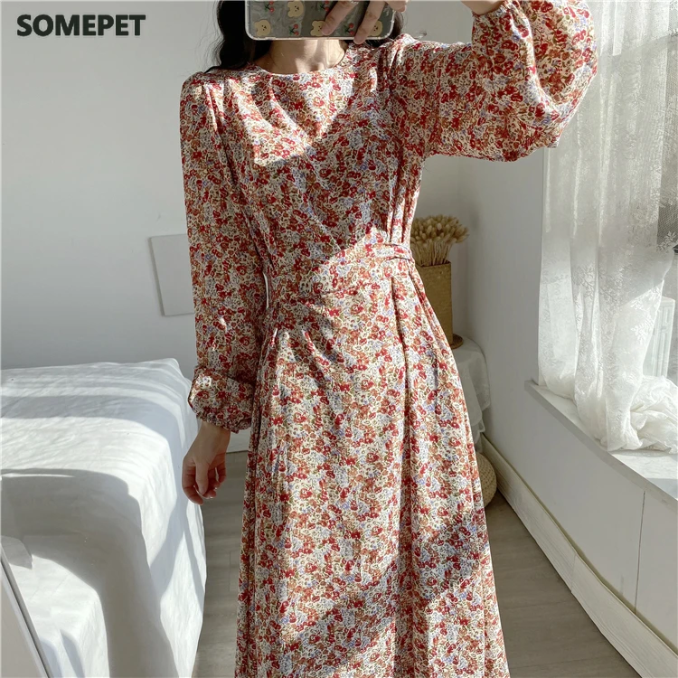 

Women's Spring O-neck Long Sleeve Dresses Floral Printing Drawstring Lace Up Literary Retro Long Dress Lantem Sleeve