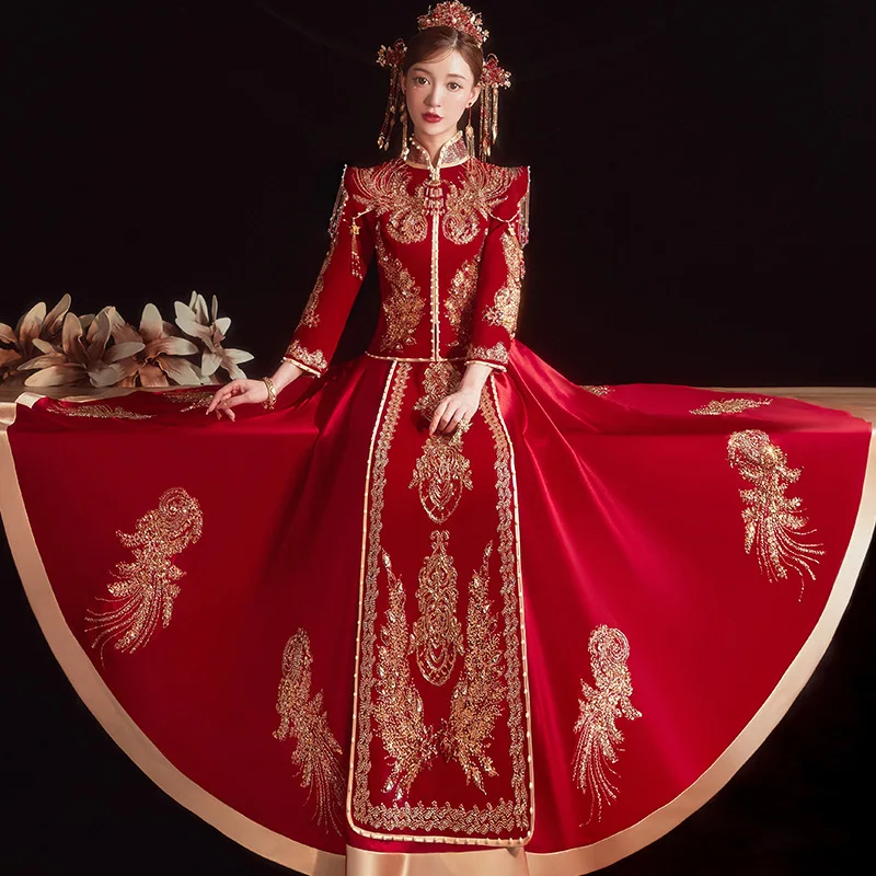 

Традиционный китайский Чонсам с вышивкой и блестками, Свадебный костюм для пары, Элегантное свадебное платье невесты, Qipao